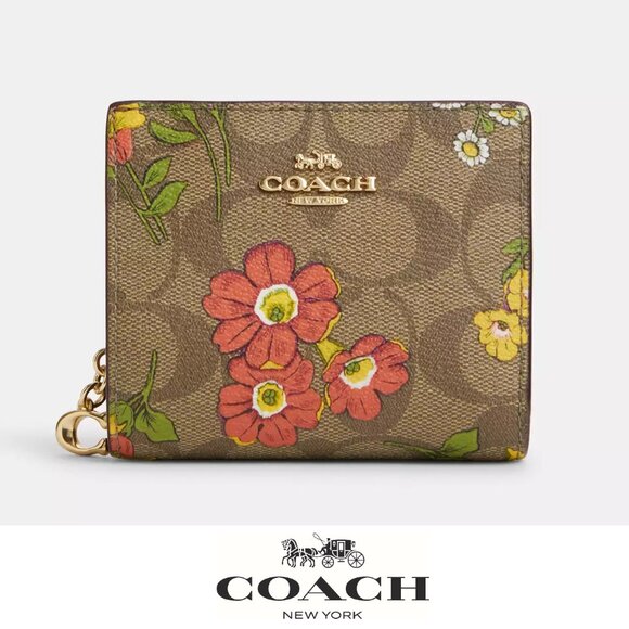 🥰 Coach Snap Wallet In Signature Canvas With Floral Print - Picture 1 of 12